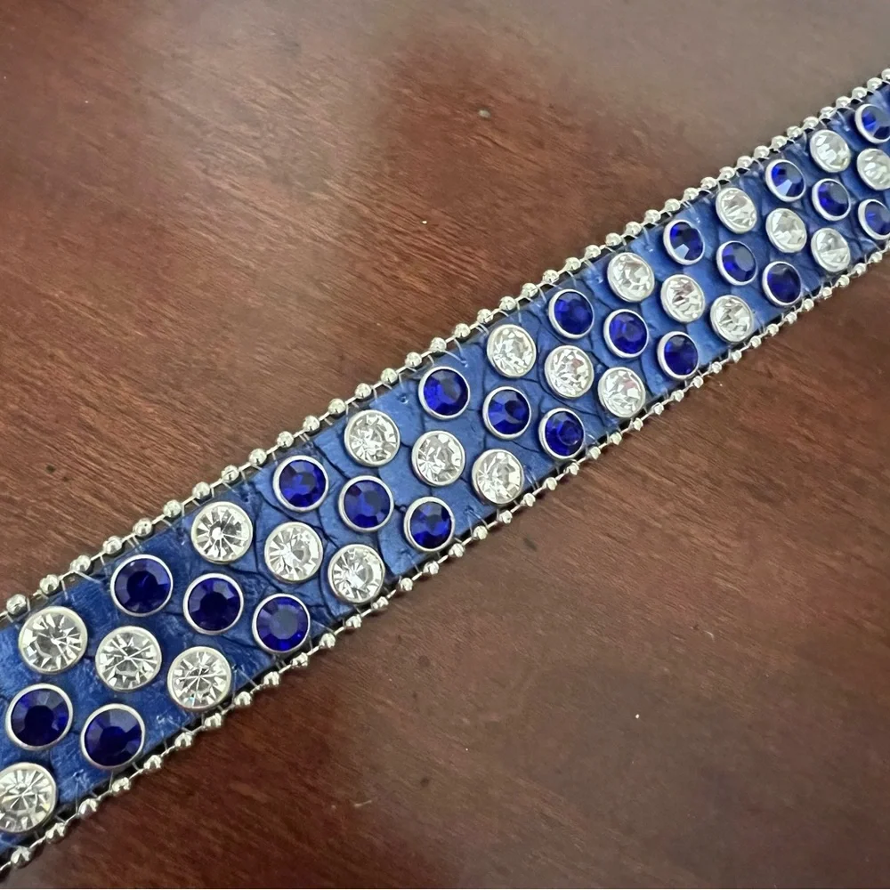 Rockstar original Tedros Rhinestone Blue Rockstar Logo faux leather Belt EUC